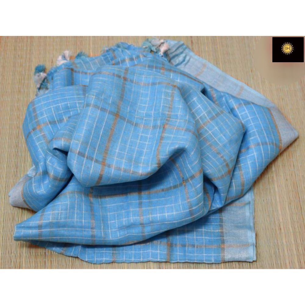 Pure Linen Check Design Handloom Blue Saree with Running Blouse-Indiehaat
