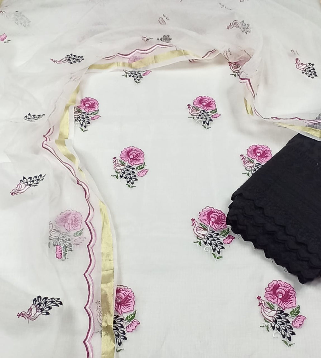 Kota Doria Embroidery White Suit Material with Matching Dupatta and Chikenkari Black Bottom-Indiehaat