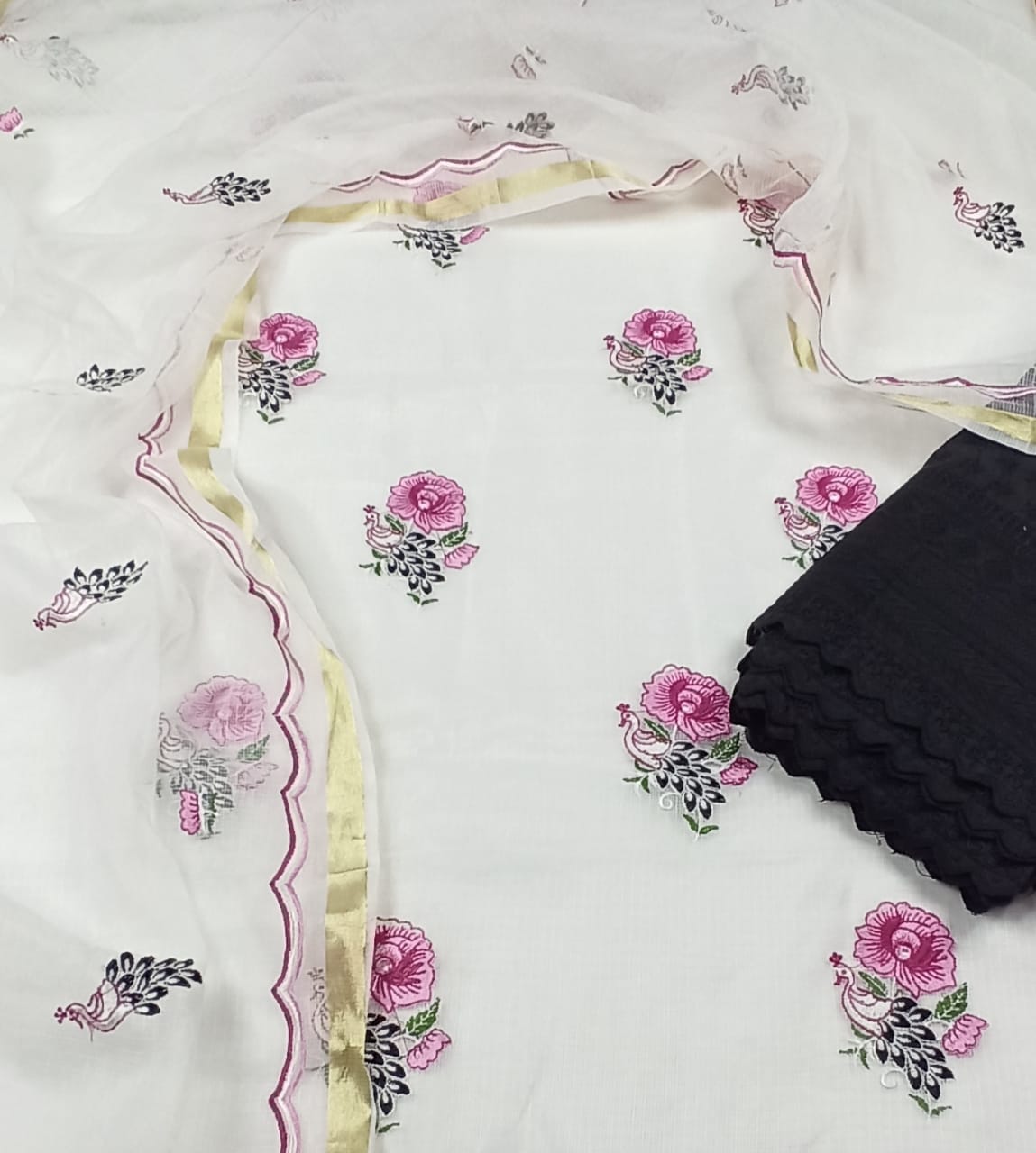 Kota Doria Embroidery White Suit Material with Matching Dupatta and Chikenkari Black Bottom-Indiehaat