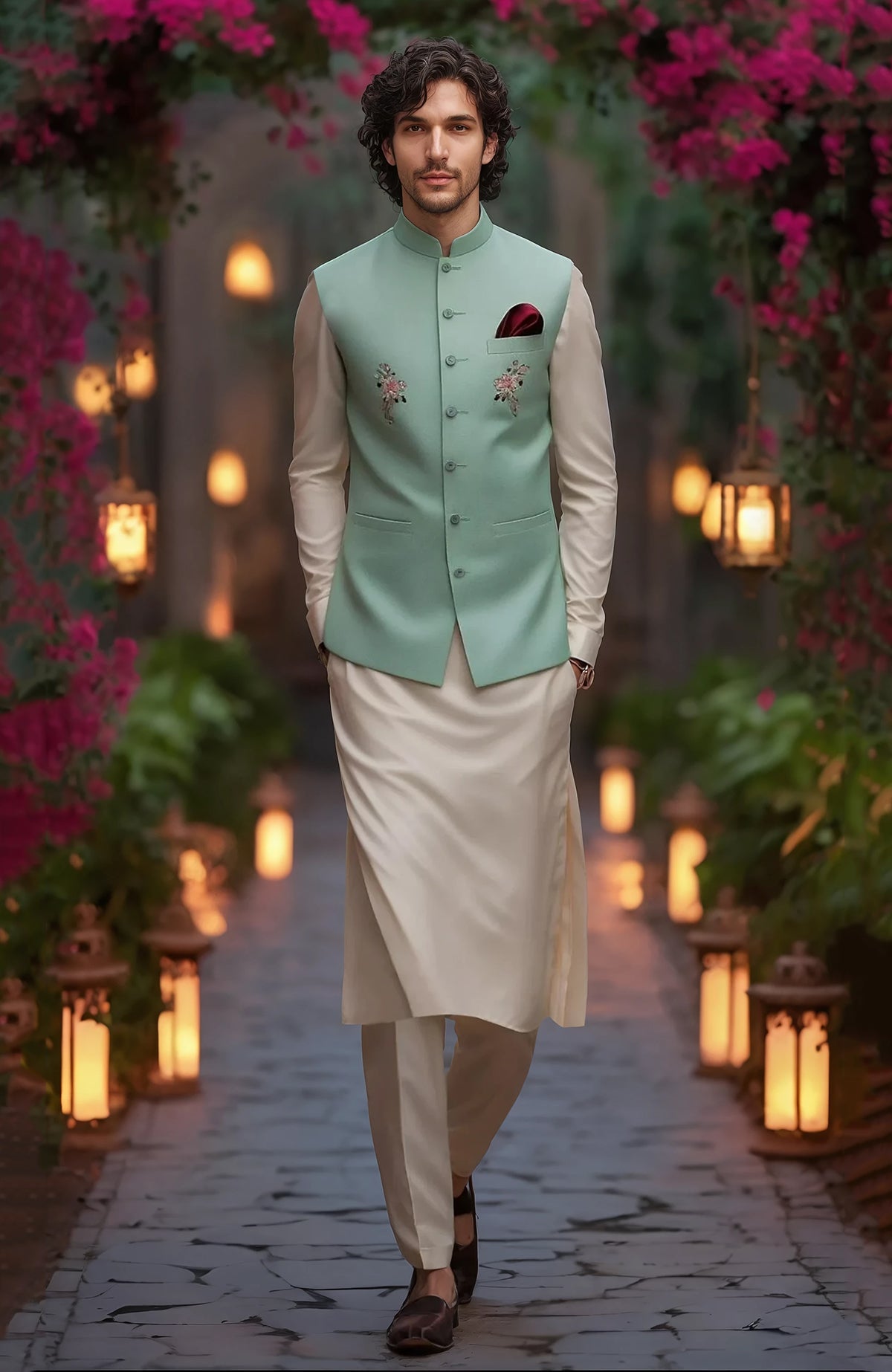 Beige straight-cut kurta with full sleeves and tapered trousers paired with mint green floral embroidered bandi jacket