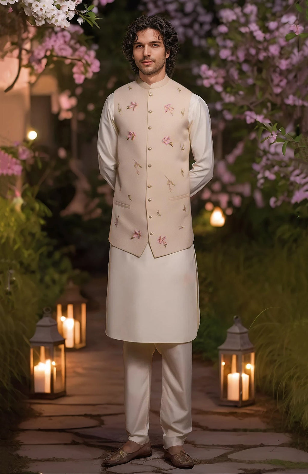 Ivory full-sleeve kurta with tapered trousers and cream floral embroidered bandi jacket