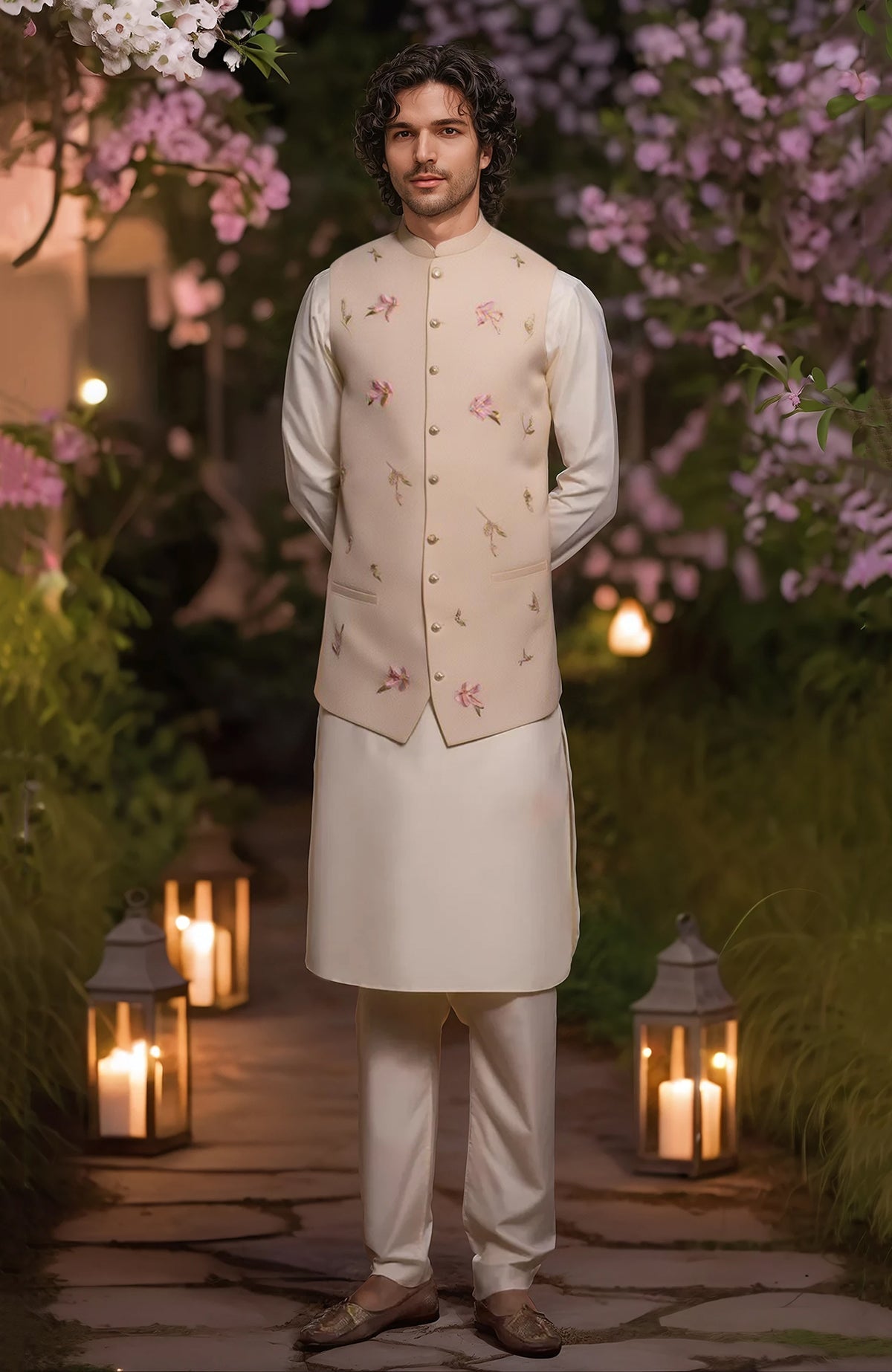 Ivory full-sleeve kurta with tapered trousers and cream floral embroidered bandi jacket