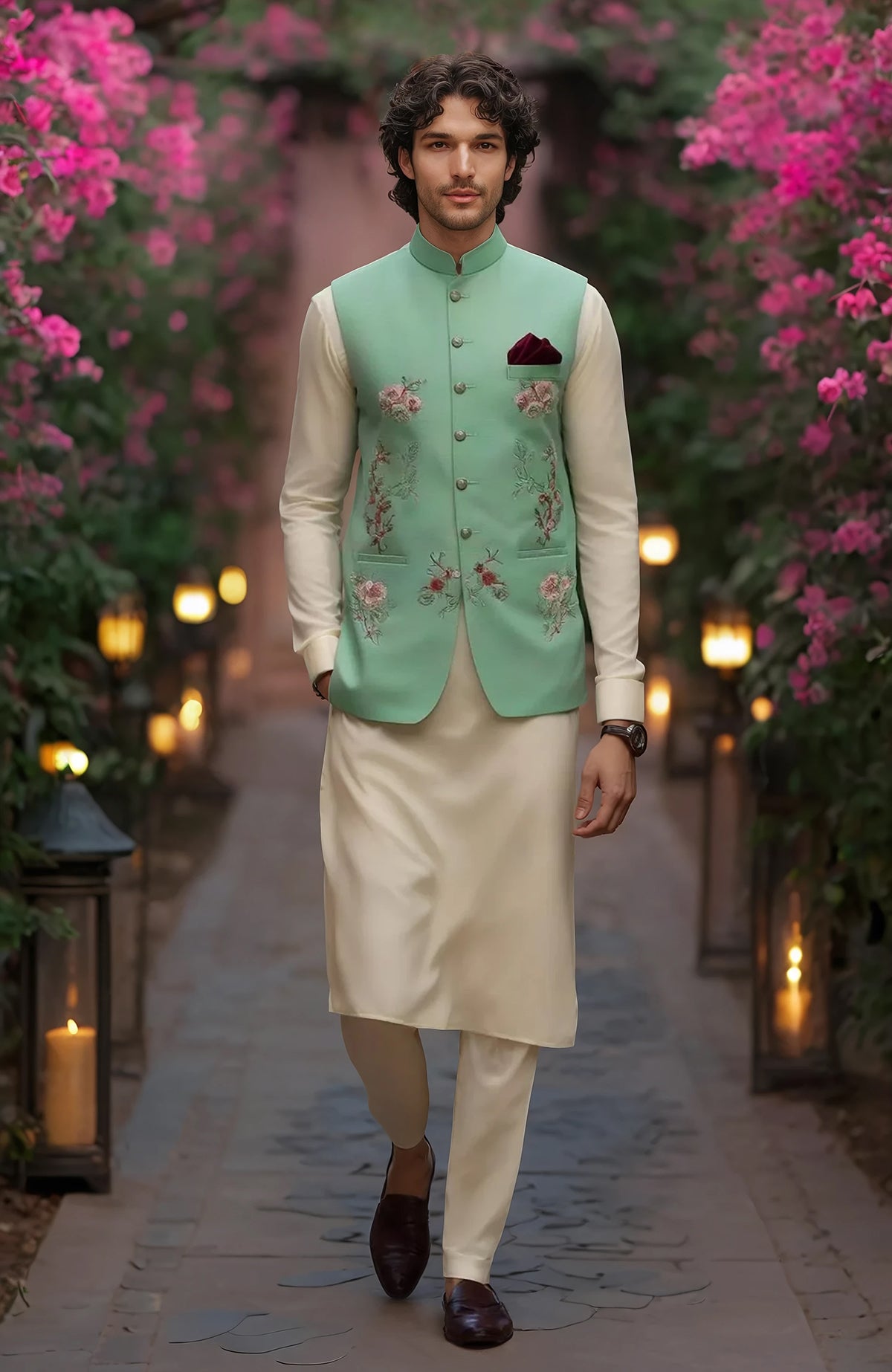 Ivory kurta with full sleeves and slim trousers paired with mint green floral embroidered bandi jacket