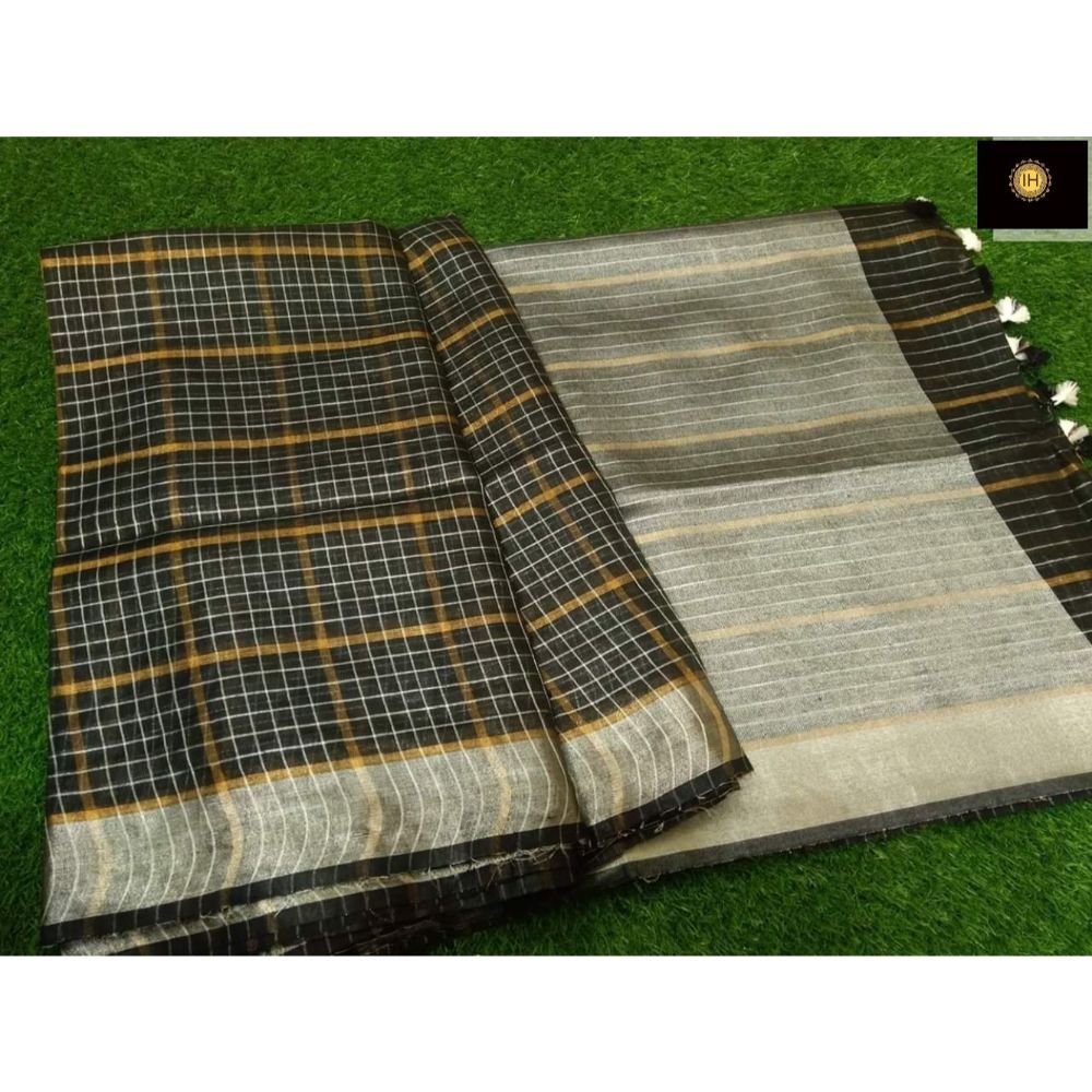 Pure Linen Check Design Handloom Black Saree with Running Blouse-Indiehaat