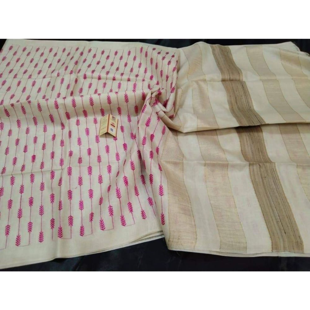 Eri Silk Embroidered Cream Saree with Running Blouse-Indiehaat