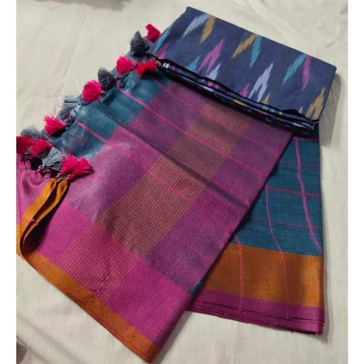 Pure Linen Multicolor Dupatta With Ikkat Kurti Material-Indiehaat