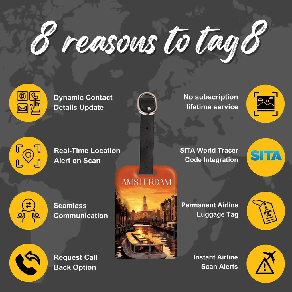 Amsterdam QR Bag Tag by tag8 with secure QR code