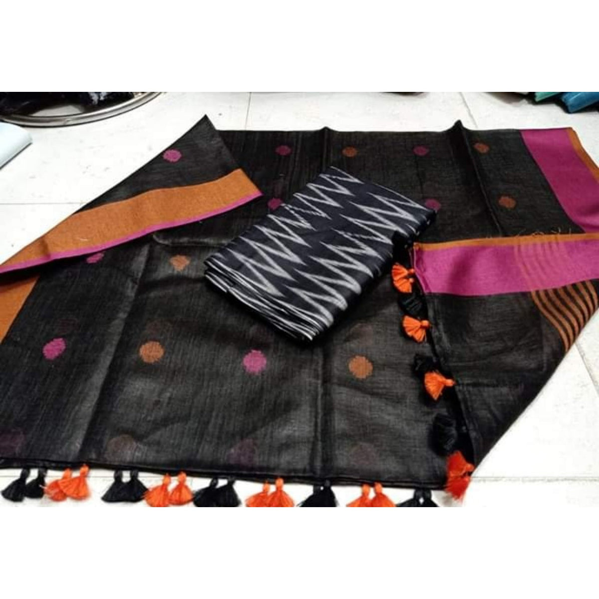 Pure Linen Black Dupatta With Ikkat Kurti Material-Indiehaat