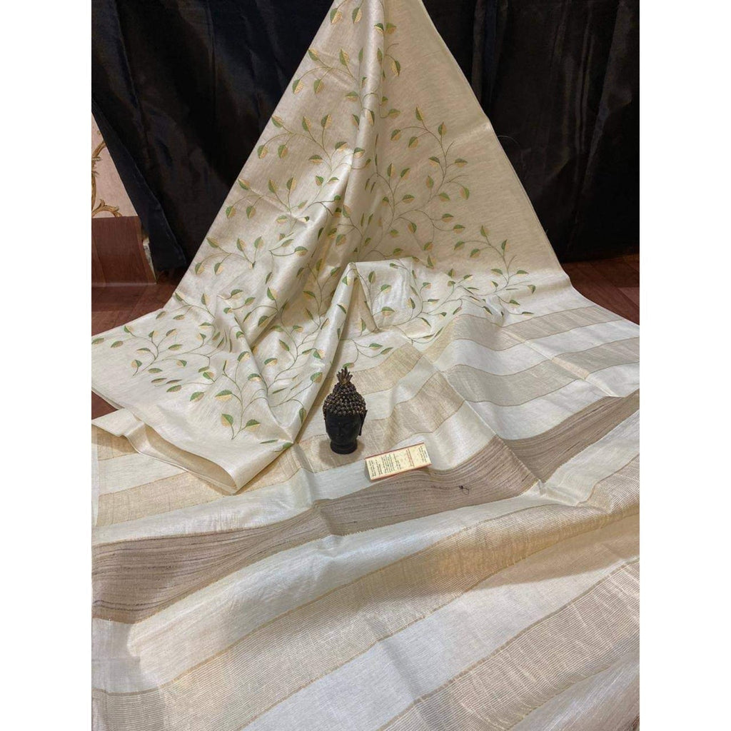 Eri Silk Saree â€“ Off White â€“ Digital Embroidered â€“ Indiehaat  