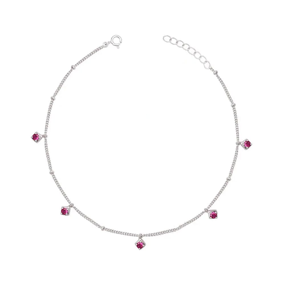 925 Sterling Silver Single Red Zircon Anklet