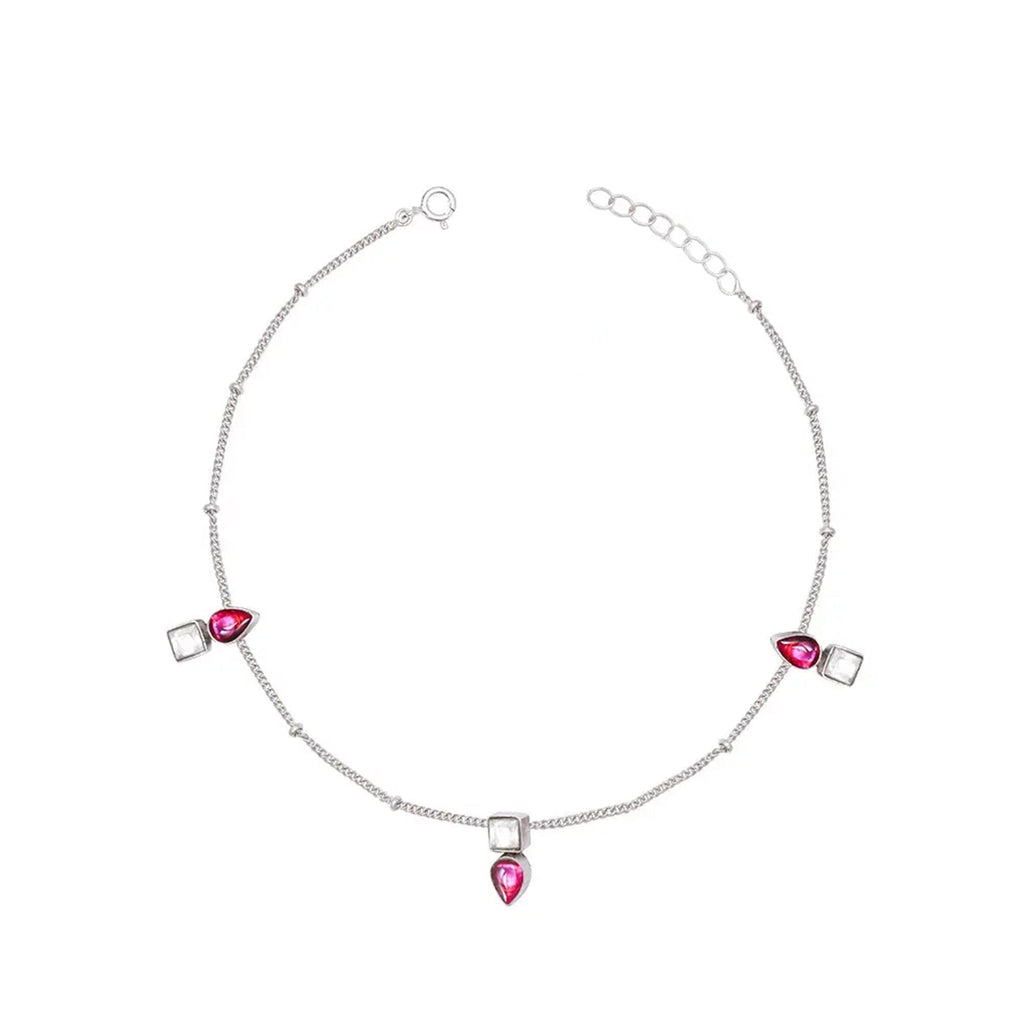Single 92.5 Sterling Silver Anklet With Square And Drop Stones