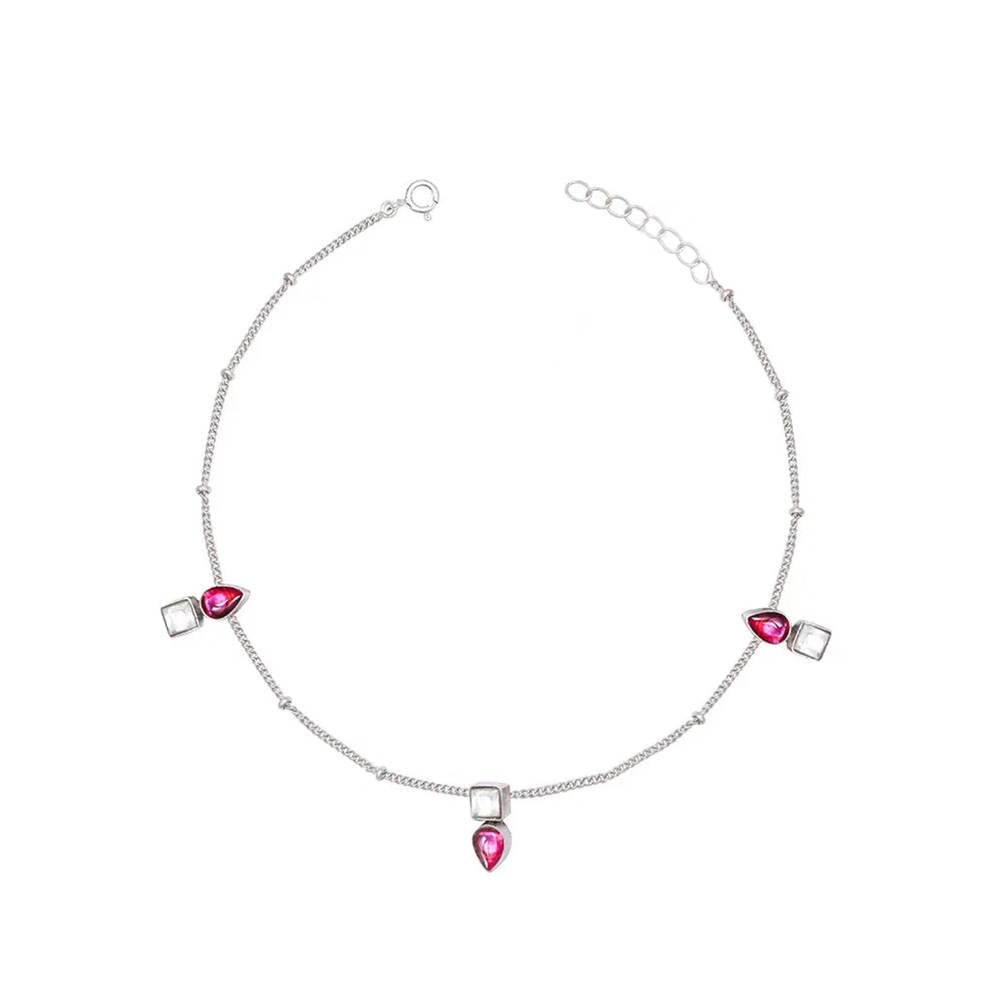 Single 92.5 Sterling Silver Anklet With Square And Drop Stones