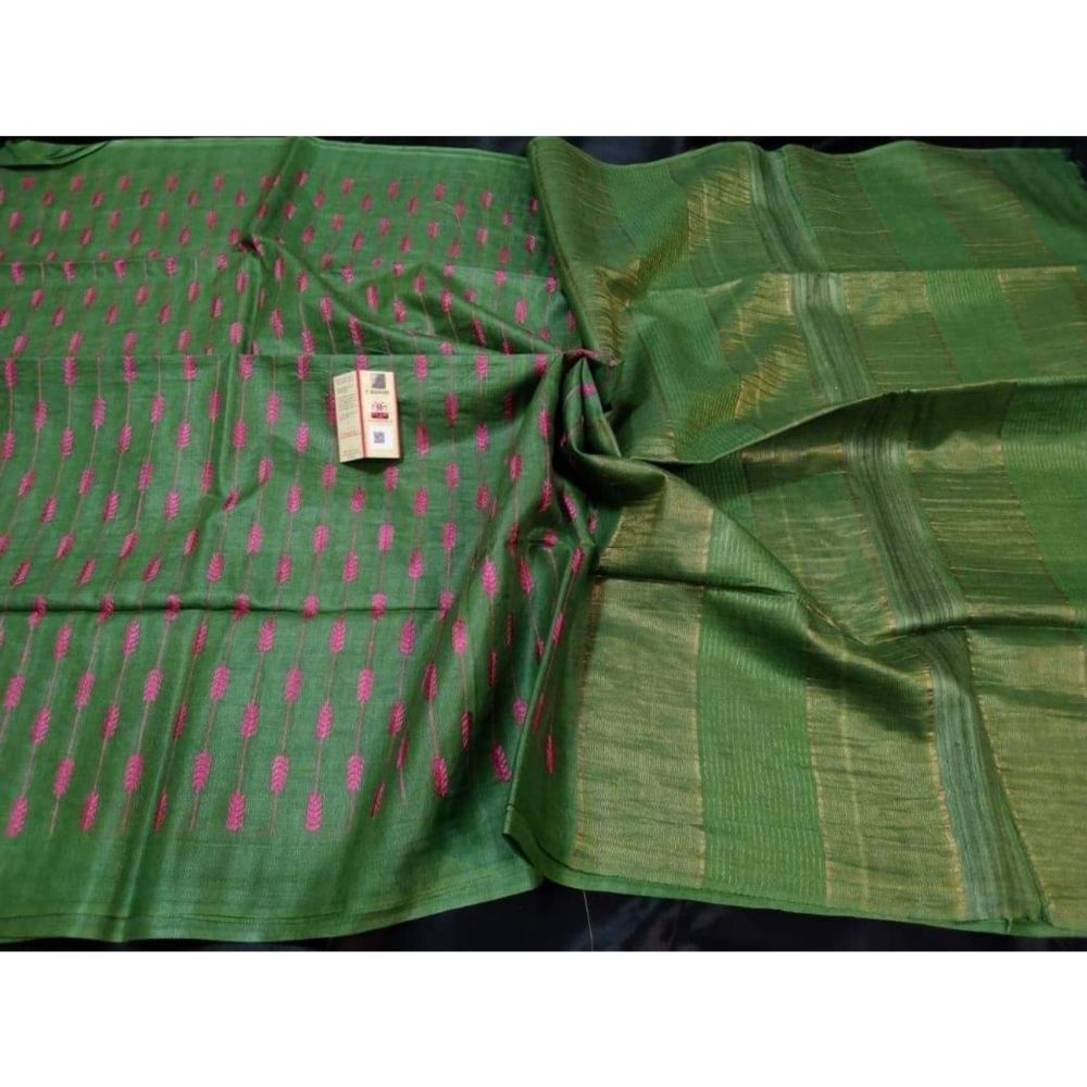 Eri Silk Embroidered Green Saree with Running Blouse-Indiehaat