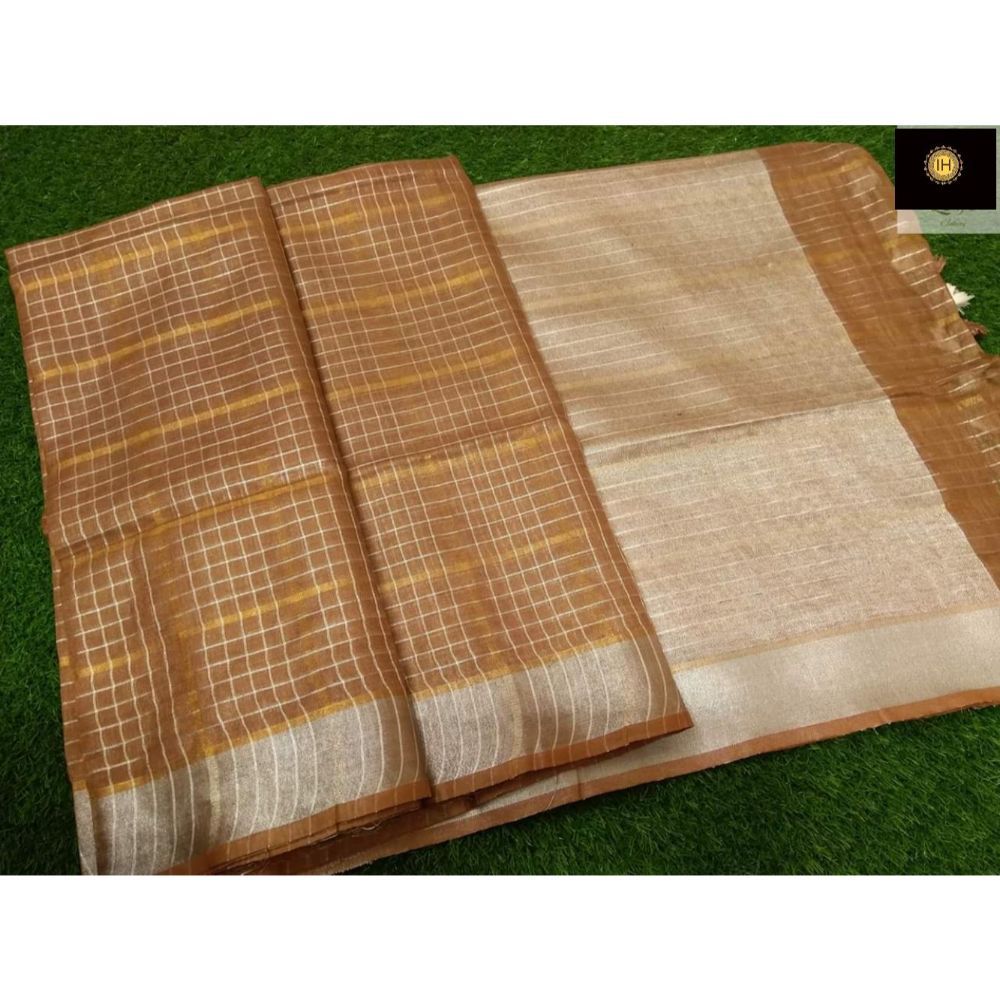 Pure Linen Check Design Handloom Brown Saree with Running Blouse-Indiehaat