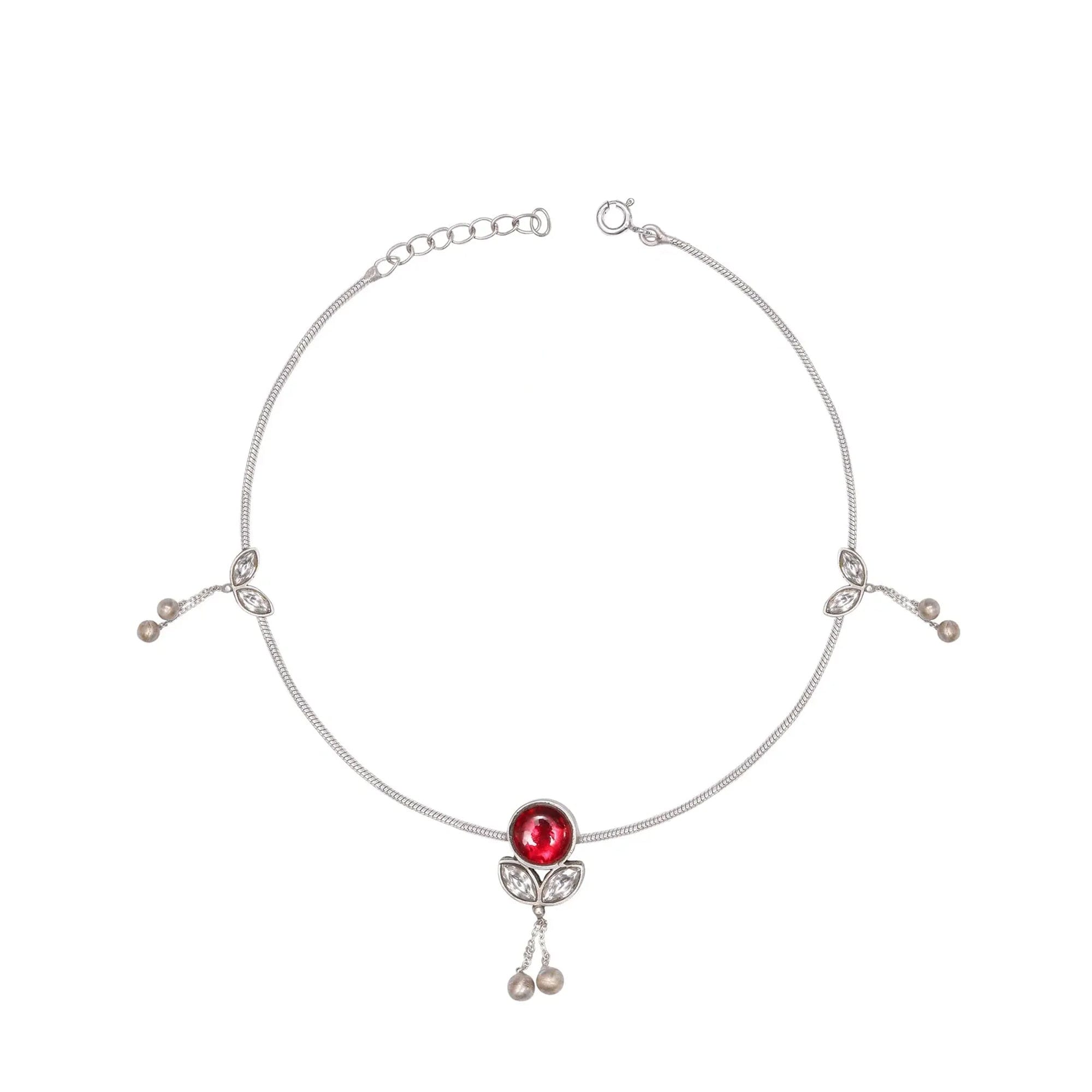 Single Big Red Kundan with Small Beads Hangings Silver Anklets