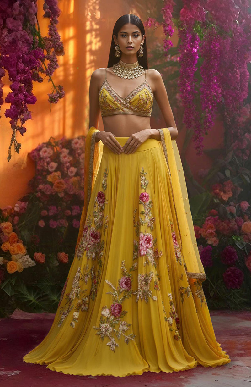 Golden marigold lehenga with pink and ivory floral embroidery and a matching embroidered bralette blouse.
