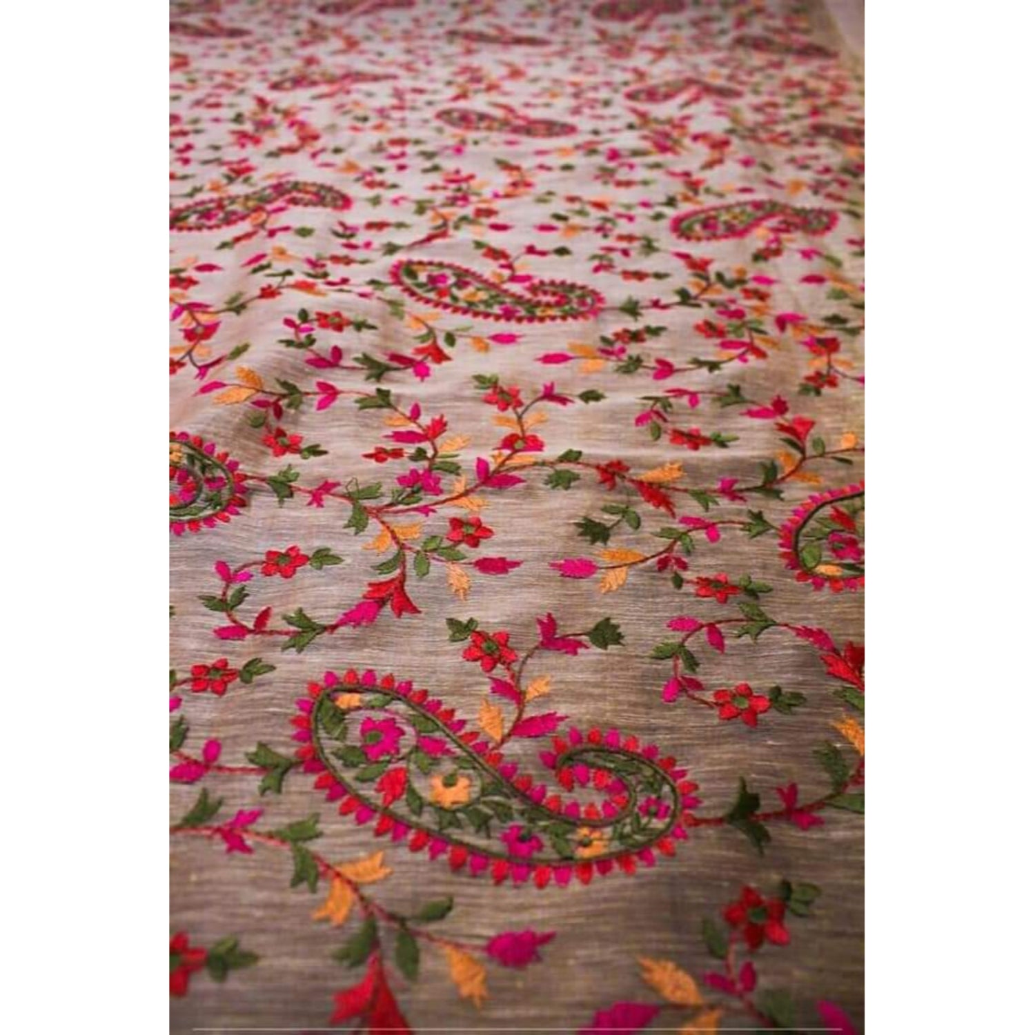 Silk Linen Embroidered Handloom Peach Saree with Blouse-Indiehaat