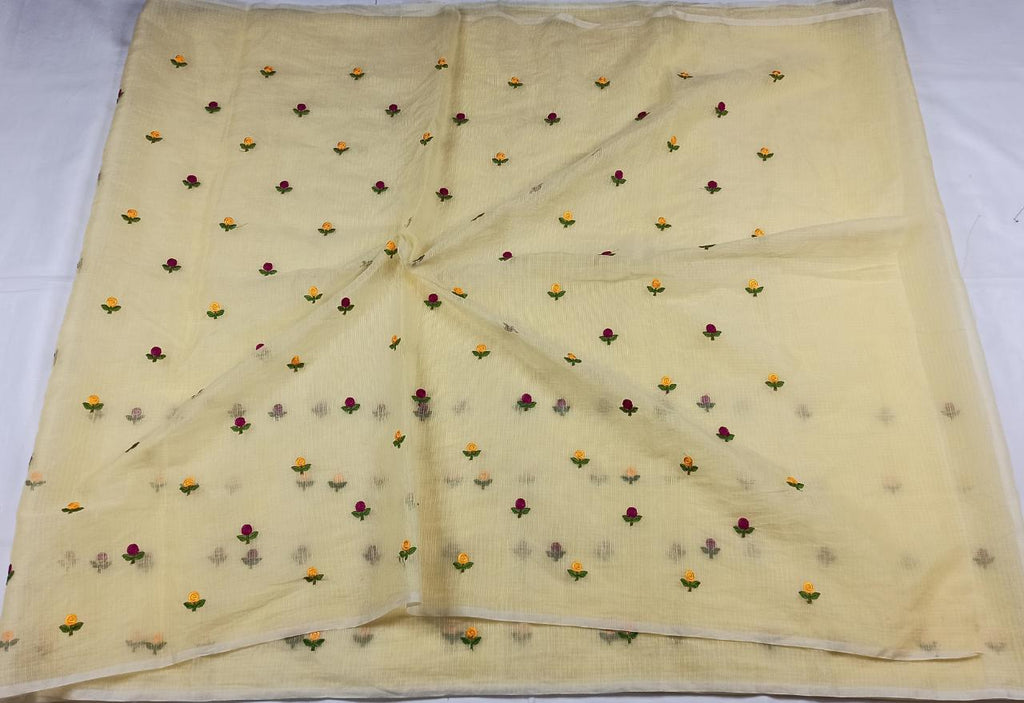 Kota Doria Yellow Saree Allover Embroidery with blouse Handcrafted-Indiehaat