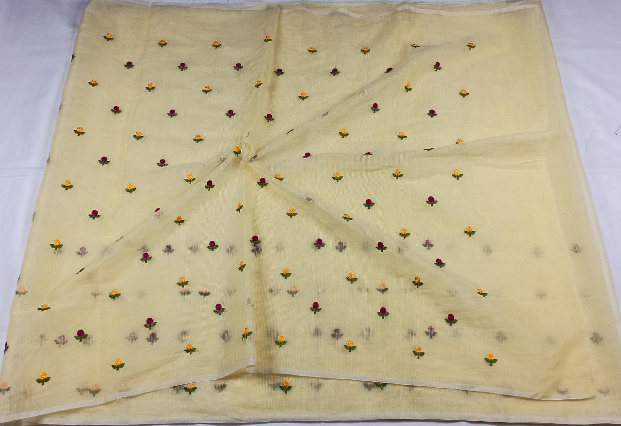 Kota Doria Yellow Saree Allover Embroidery with blouse Handcrafted-Indiehaat