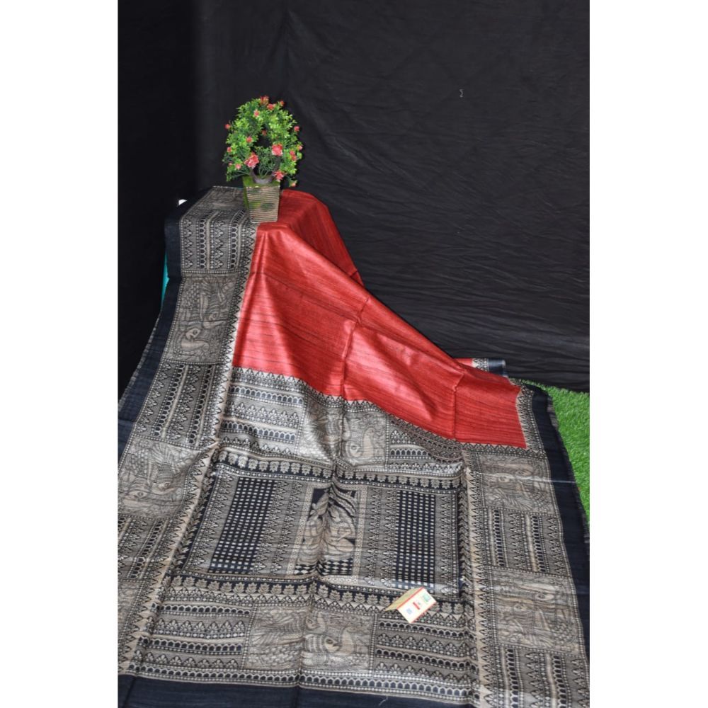 Silkmark Certified Tussar Silk Handloom Handblock Printed Red Saree with Blouse-Indiehaat