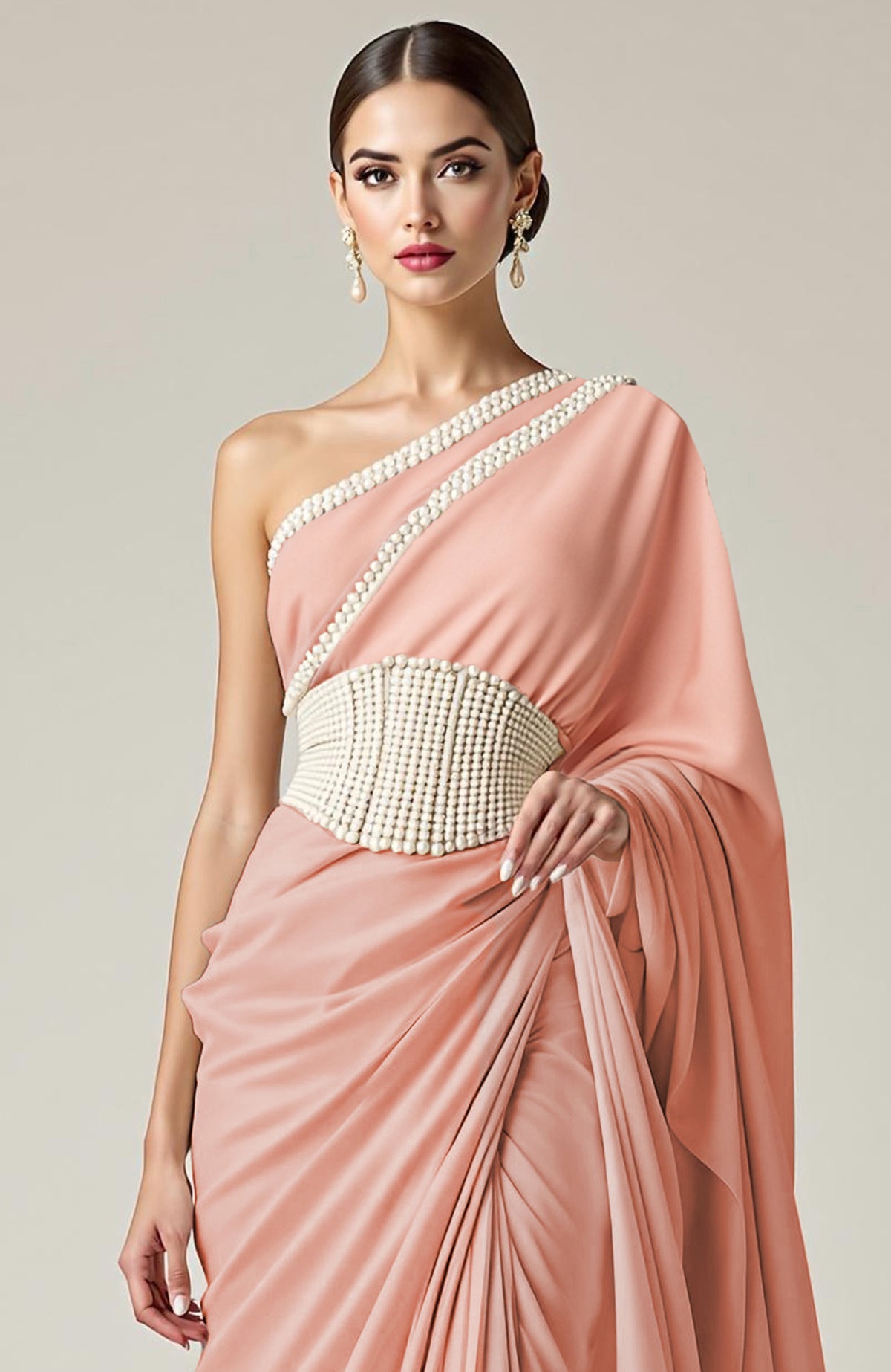 Blush pink one-shoulder saree gown with pearl-beaded draped design and corset belt.