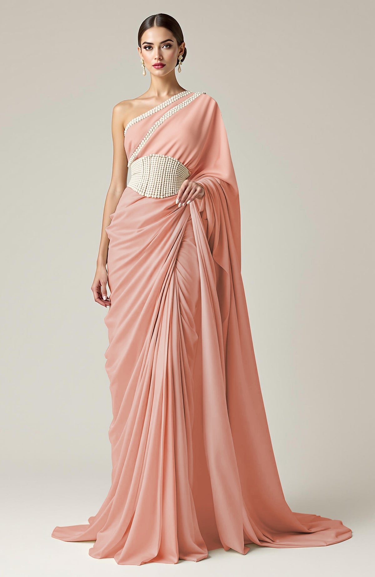 Powder blue one-shoulder saree gown with pearl beaded corset belt and draped pleats.