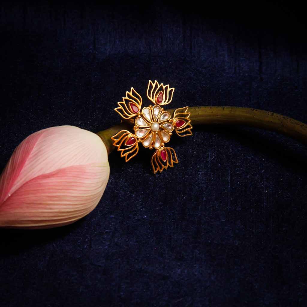 Five Lotus Gold Plated Jadau Ring Rings - By Unniyarcha - Original Manufacturers of Silver Jewelry, Gold Plated Jewellery, Fashion Jewellery and Personalized Soul Bands and Personalized Jewelry