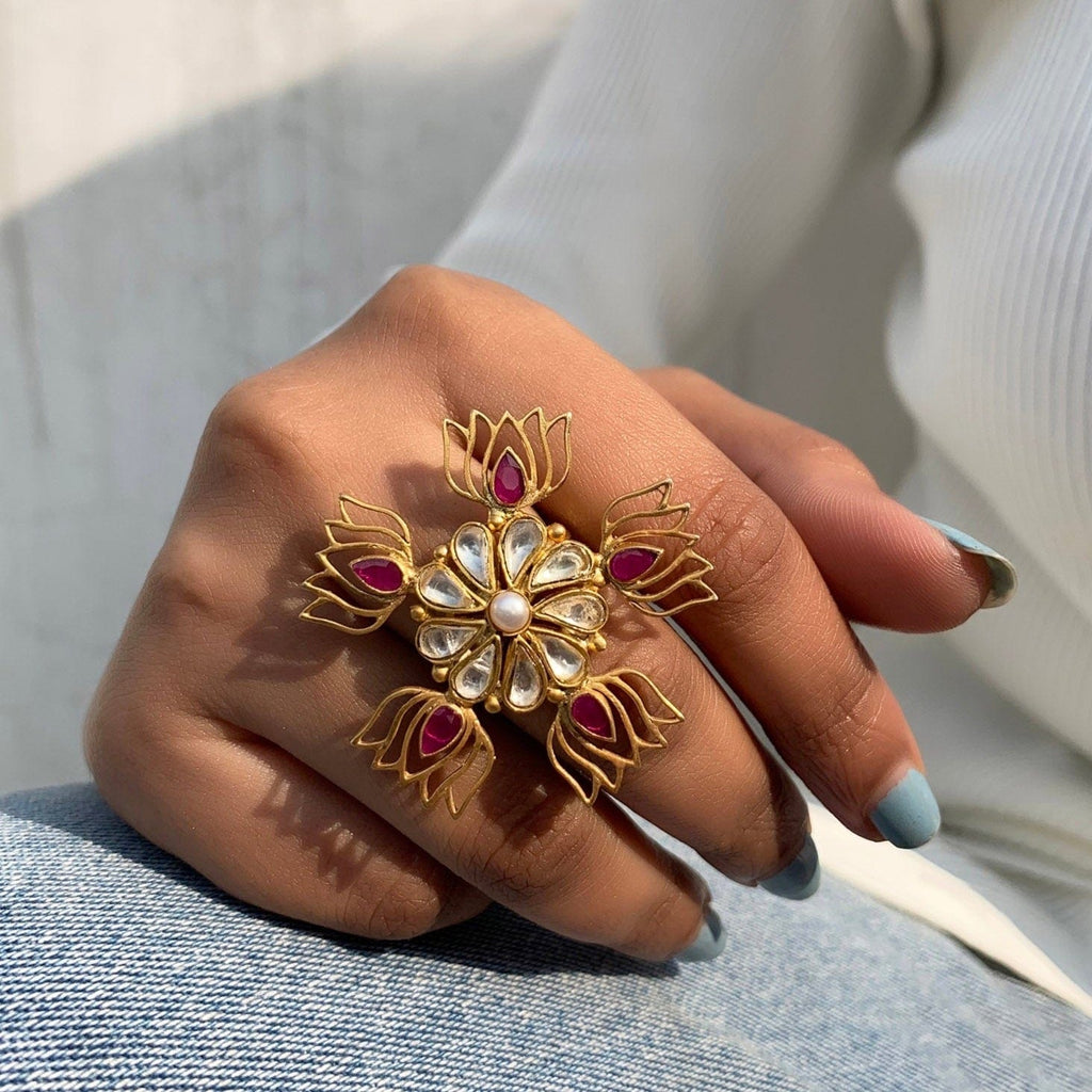 Five Lotus Gold Plated Jadau Ring Rings - By Unniyarcha - Original Manufacturers of Silver Jewelry, Gold Plated Jewellery, Fashion Jewellery and Personalized Soul Bands and Personalized Jewelry