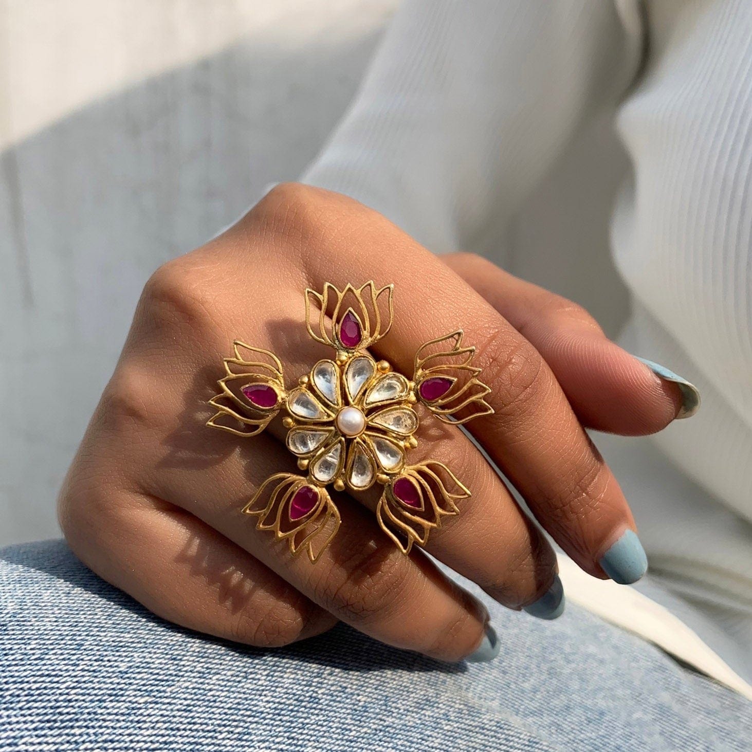 Five Lotus Gold Plated Jadau Ring Rings - By Unniyarcha - Original Manufacturers of Silver Jewelry, Gold Plated Jewellery, Fashion Jewellery and Personalized Soul Bands and Personalized Jewelry