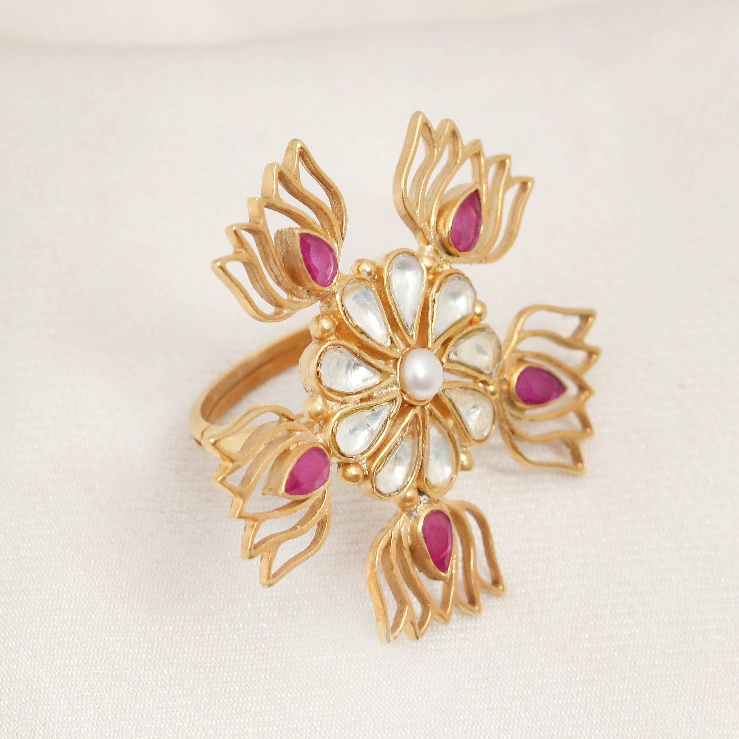 Five Lotus Gold Plated Jadau Ring Rings - By Unniyarcha - Original Manufacturers of Silver Jewelry, Gold Plated Jewellery, Fashion Jewellery and Personalized Soul Bands and Personalized Jewelry