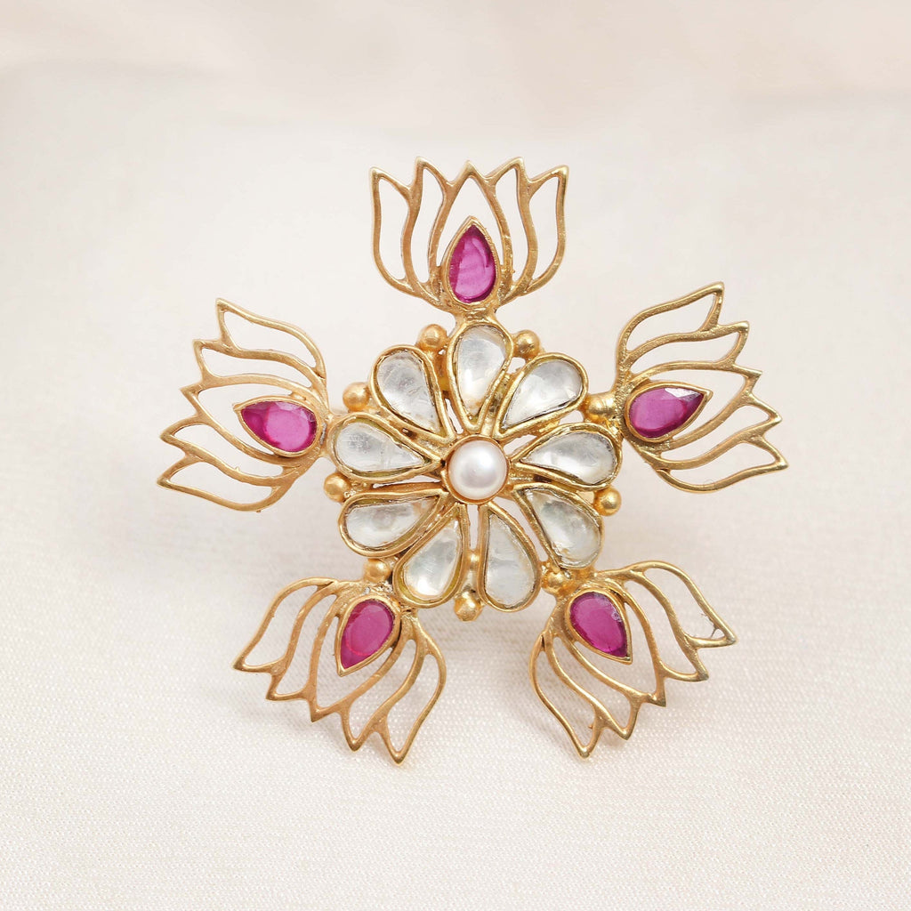 Five Lotus Gold Plated Jadau Ring