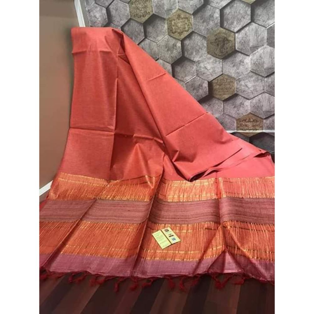 Pure Eri Silk Orange Saree with Running Blouse-Indiehaat