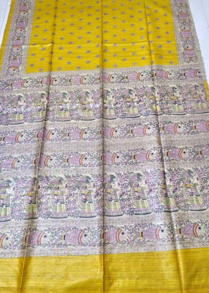 Silkmark Certified Tussar Silk Handloom Handblock Printed Yellow Saree with Blouse-Indiehaat