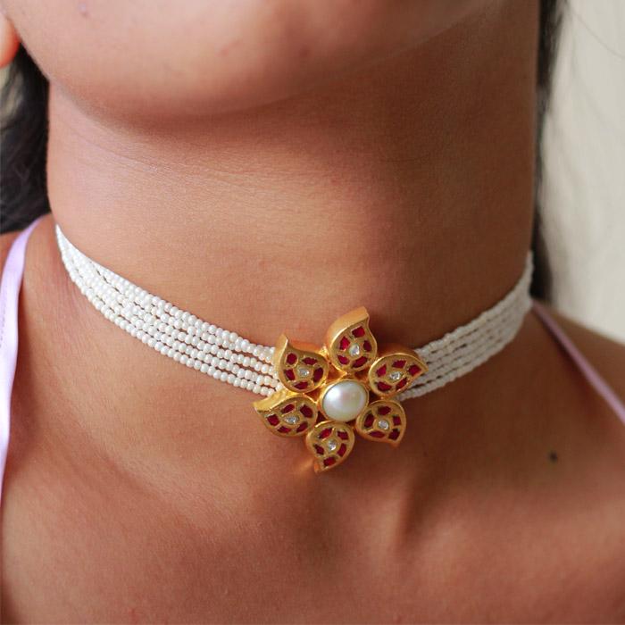 Gold Plated Silver Kundan Flower Choker Necklaces - By Unniyarcha - Original Manufacturers of Silver Jewelry, Gold Plated Jewellery, Fashion Jewellery and Personalized Soul Bands and Personalized Jewelry