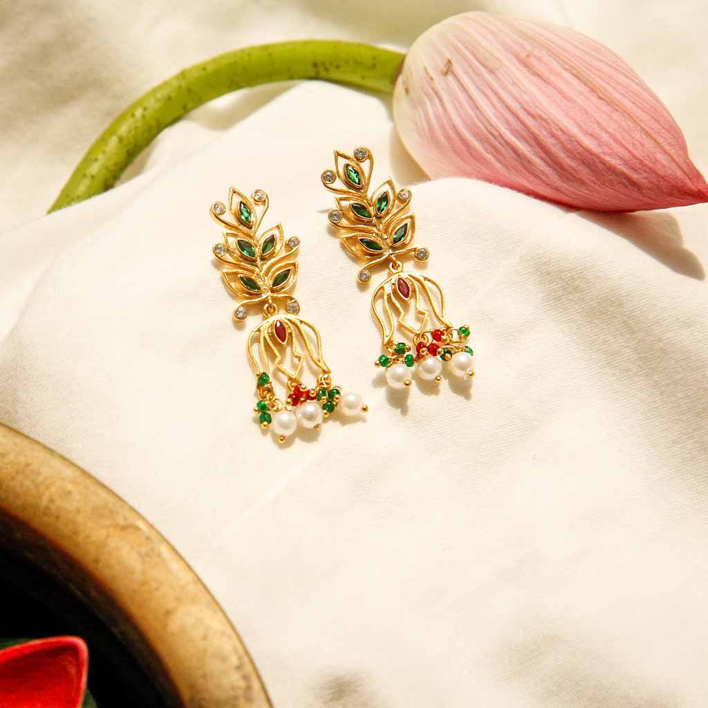 Green Pink Zircon Gold Plated Silver Earrings Earrings - By Unniyarcha - Original Manufacturers of Silver Jewelry, Gold Plated Jewellery, Fashion Jewellery and Personalized Soul Bands and Personalized Jewelry