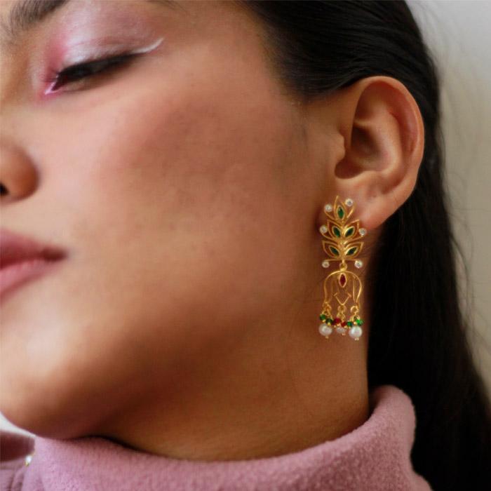 Green Pink Zircon Gold Plated Silver Earrings Earrings - By Unniyarcha - Original Manufacturers of Silver Jewelry, Gold Plated Jewellery, Fashion Jewellery and Personalized Soul Bands and Personalized Jewelry