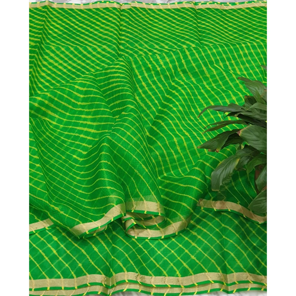 Pure Silk Kota Doria Green Saree with blouse Handcrafted-Indiehaat