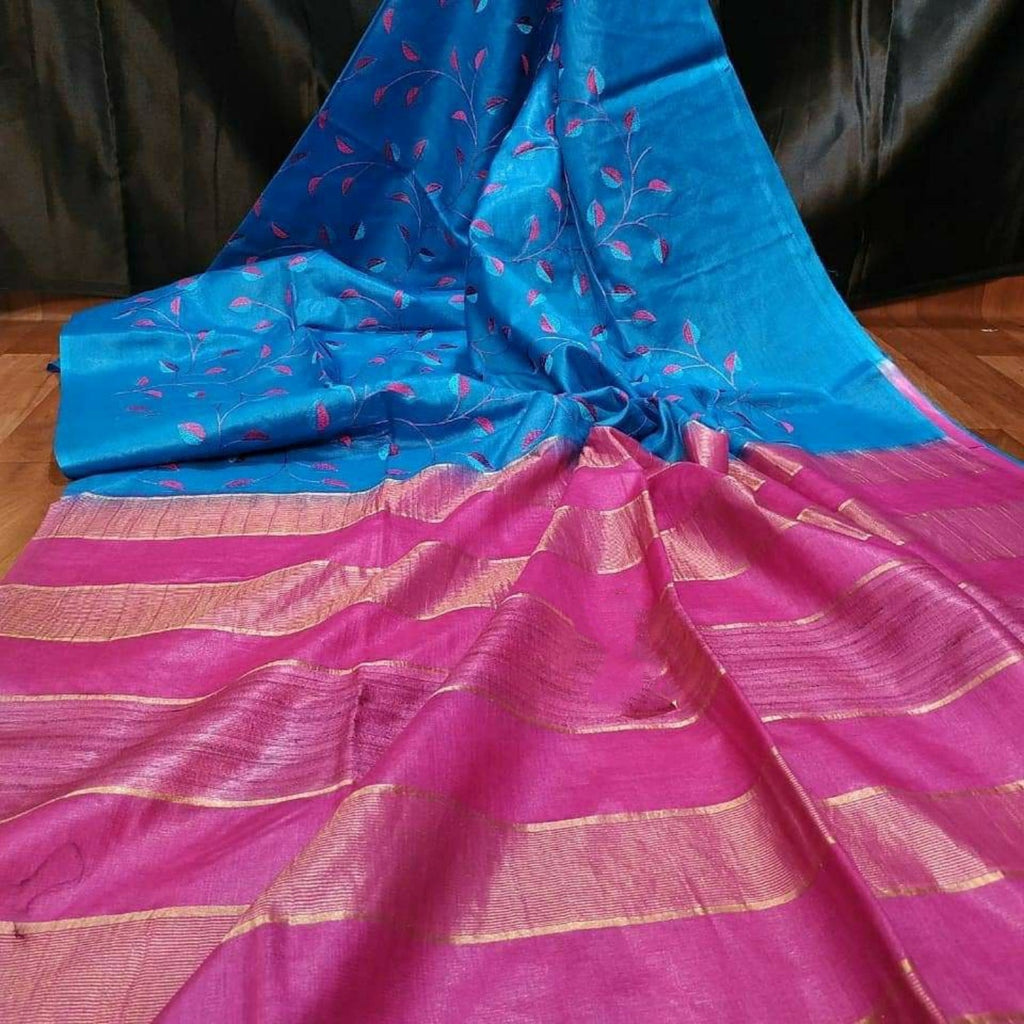Eri Silk Digital Embroidered Blue Saree with Running Blouse-Indiehaat