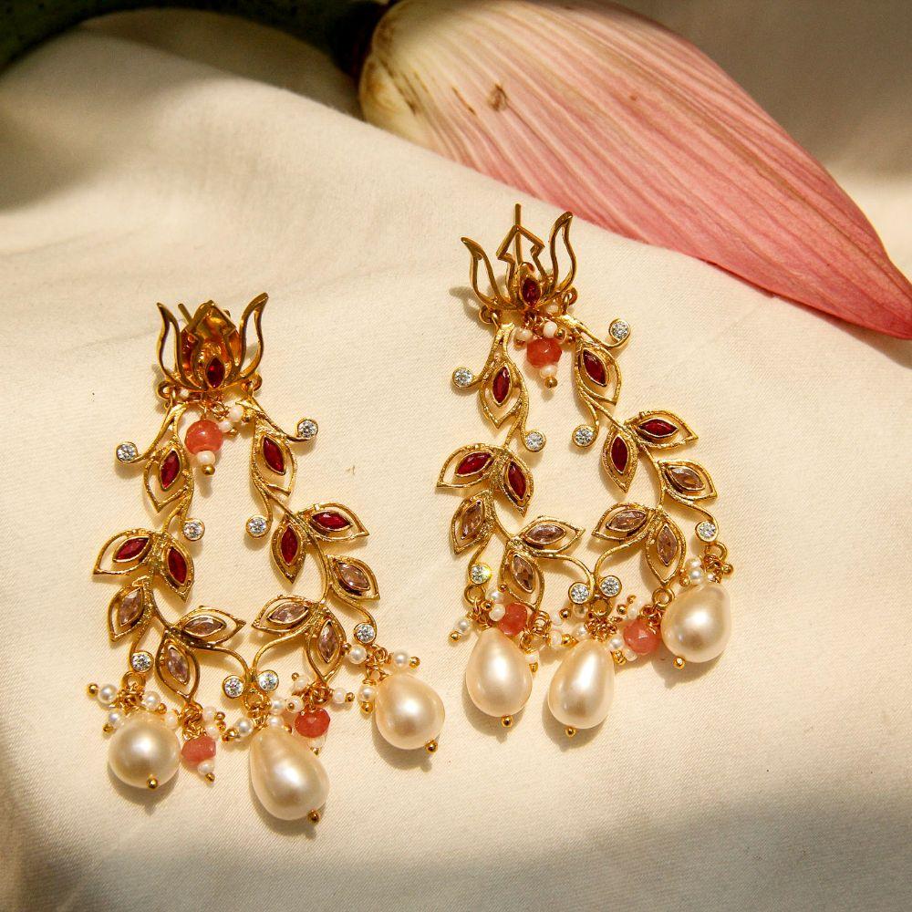 Lotus Gold Plated Pearl Earrings Earrings - By Unniyarcha - Original Manufacturers of Silver Jewelry, Gold Plated Jewellery, Fashion Jewellery and Personalized Soul Bands and Personalized Jewelry