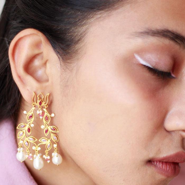 Lotus Gold Plated Pearl Earrings Earrings - By Unniyarcha - Original Manufacturers of Silver Jewelry, Gold Plated Jewellery, Fashion Jewellery and Personalized Soul Bands and Personalized Jewelry