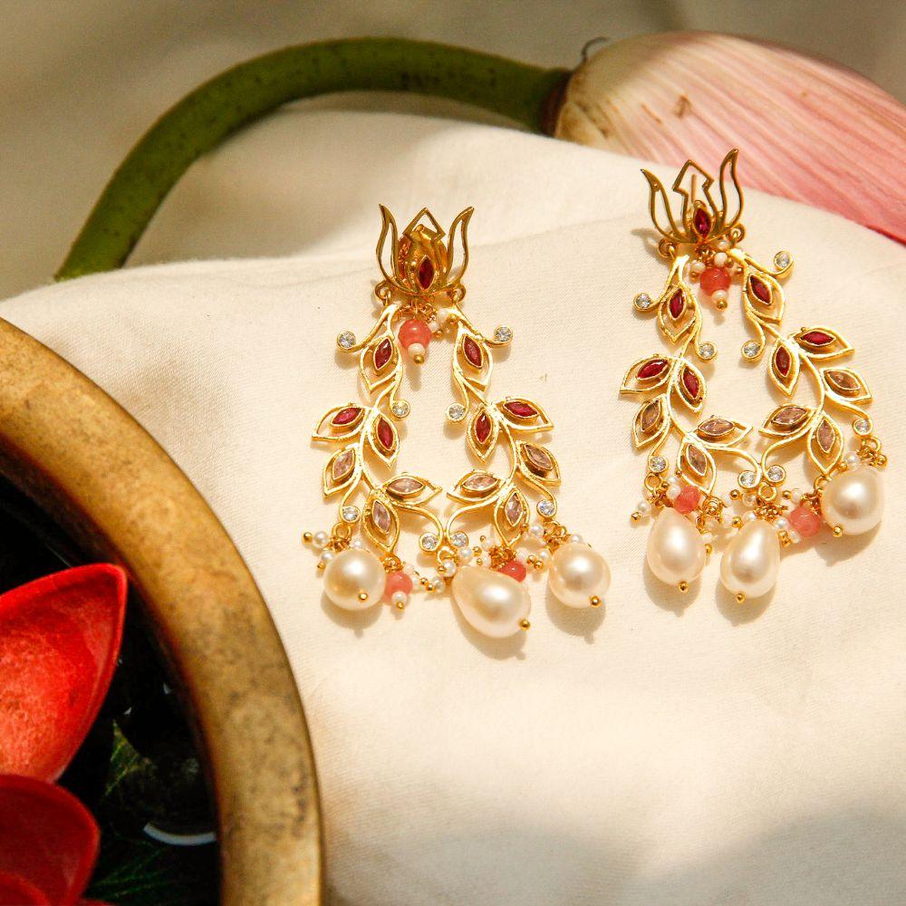 Lotus Gold Plated Pearl Earrings Earrings - By Unniyarcha - Original Manufacturers of Silver Jewelry, Gold Plated Jewellery, Fashion Jewellery and Personalized Soul Bands and Personalized Jewelry