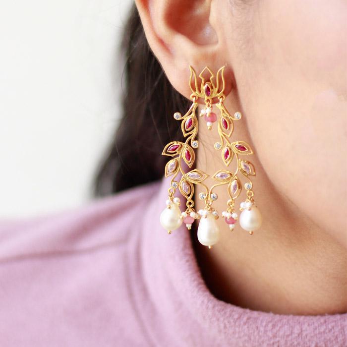 Lotus Gold Plated Pearl Earrings Earrings - By Unniyarcha - Original Manufacturers of Silver Jewelry, Gold Plated Jewellery, Fashion Jewellery and Personalized Soul Bands and Personalized Jewelry