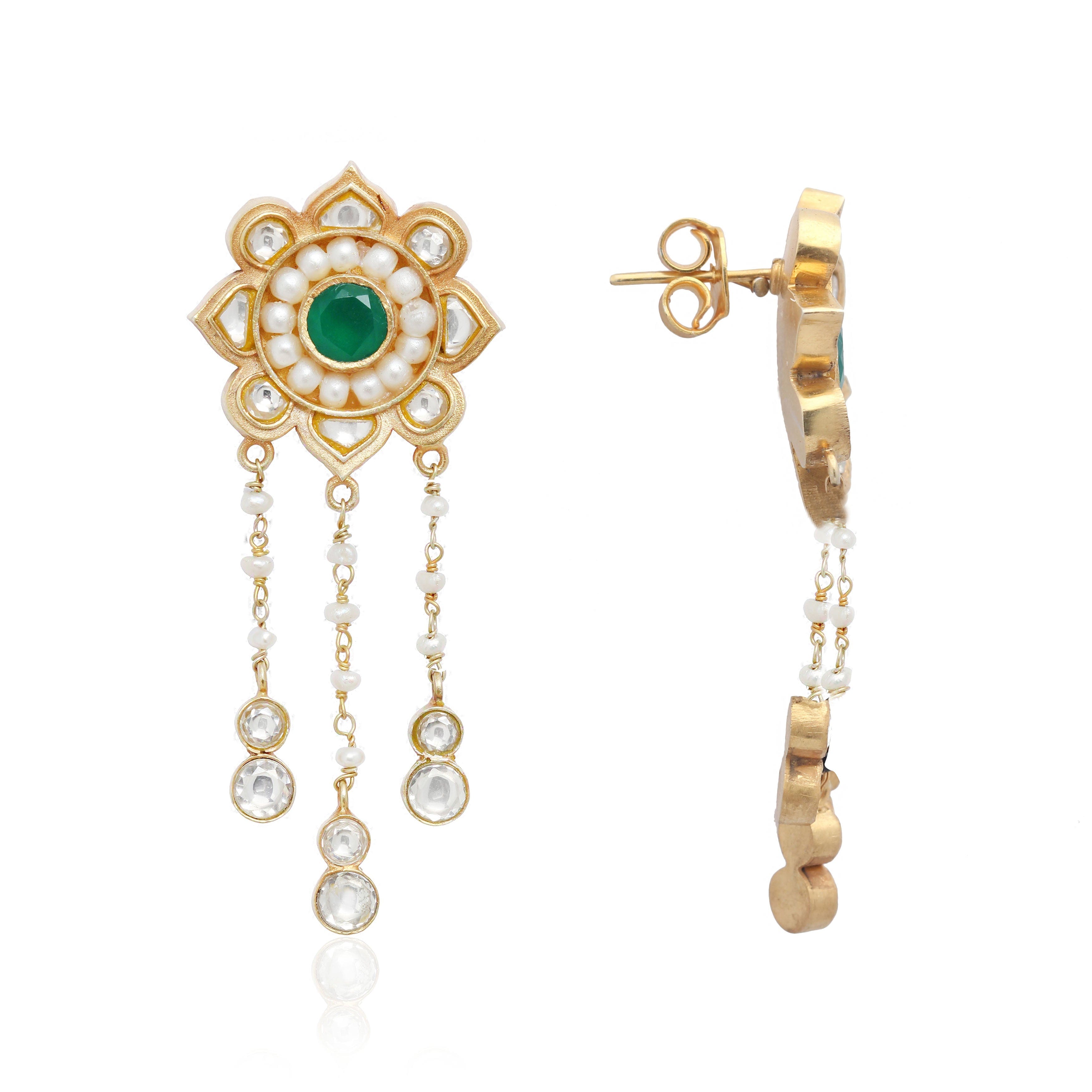 Majestic White Pearl Earrings with Green stone Earrings - By Unniyarcha - Original Manufacturers of Silver Jewelry, Gold Plated Jewellery, Fashion Jewellery and Personalized Soul Bands and Personalized Jewelry