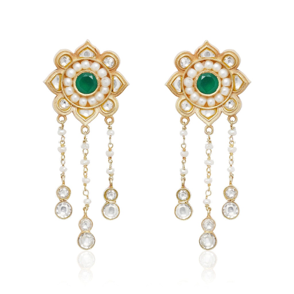 Majestic White Pearl Earrings with Green stone