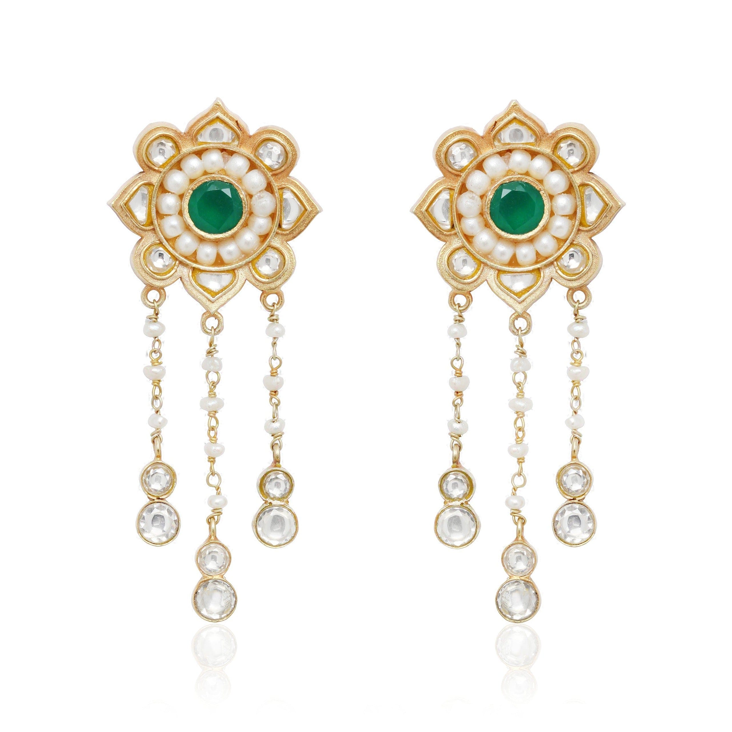 Majestic White Pearl Earrings with Green stone