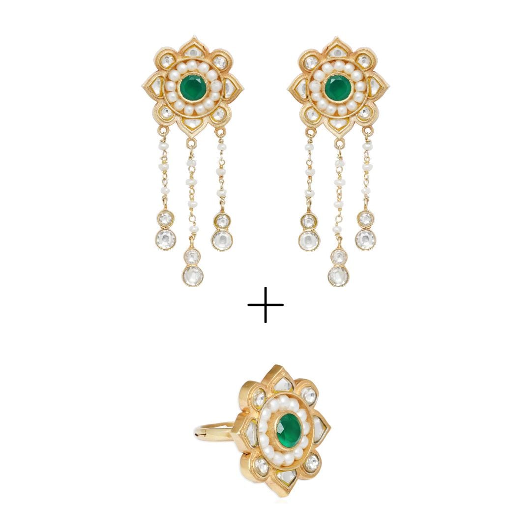 Majestic White Pearl Earrings with Green stone Earrings Earring + Ring - By Unniyarcha - Original Manufacturers of Silver Jewelry, Gold Plated Jewellery, Fashion Jewellery and Personalized Soul Bands and Personalized Jewelry