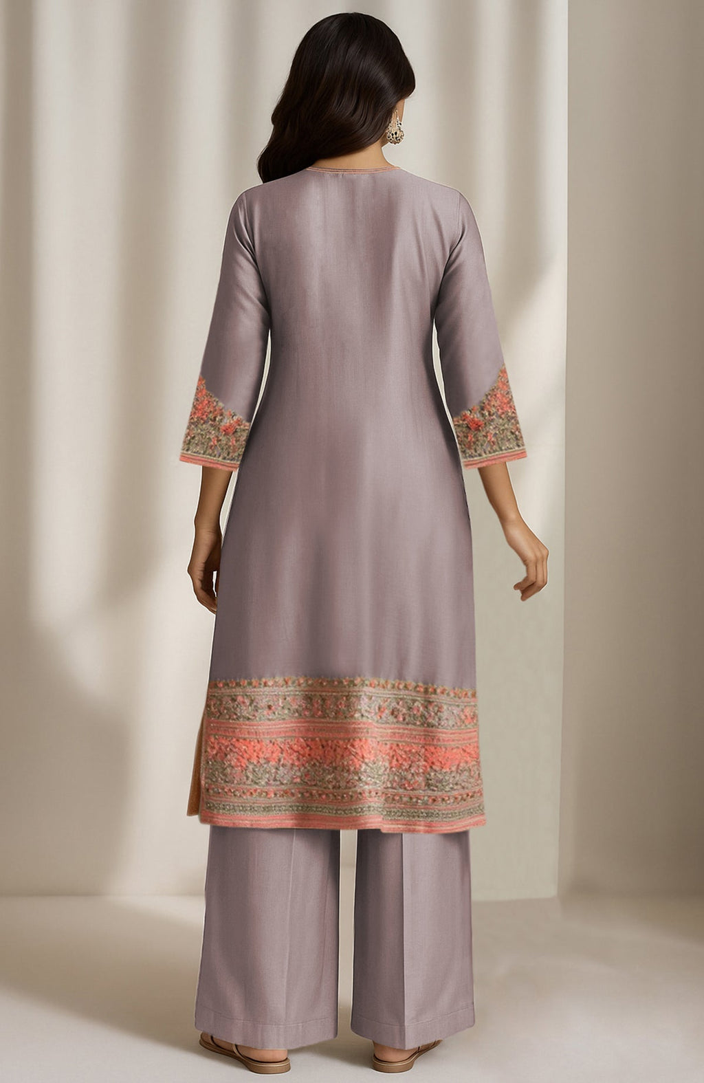 Mauve grey kurta with salmon peach and gold floral embroidery paired with wide-leg trousers and organza dupatta