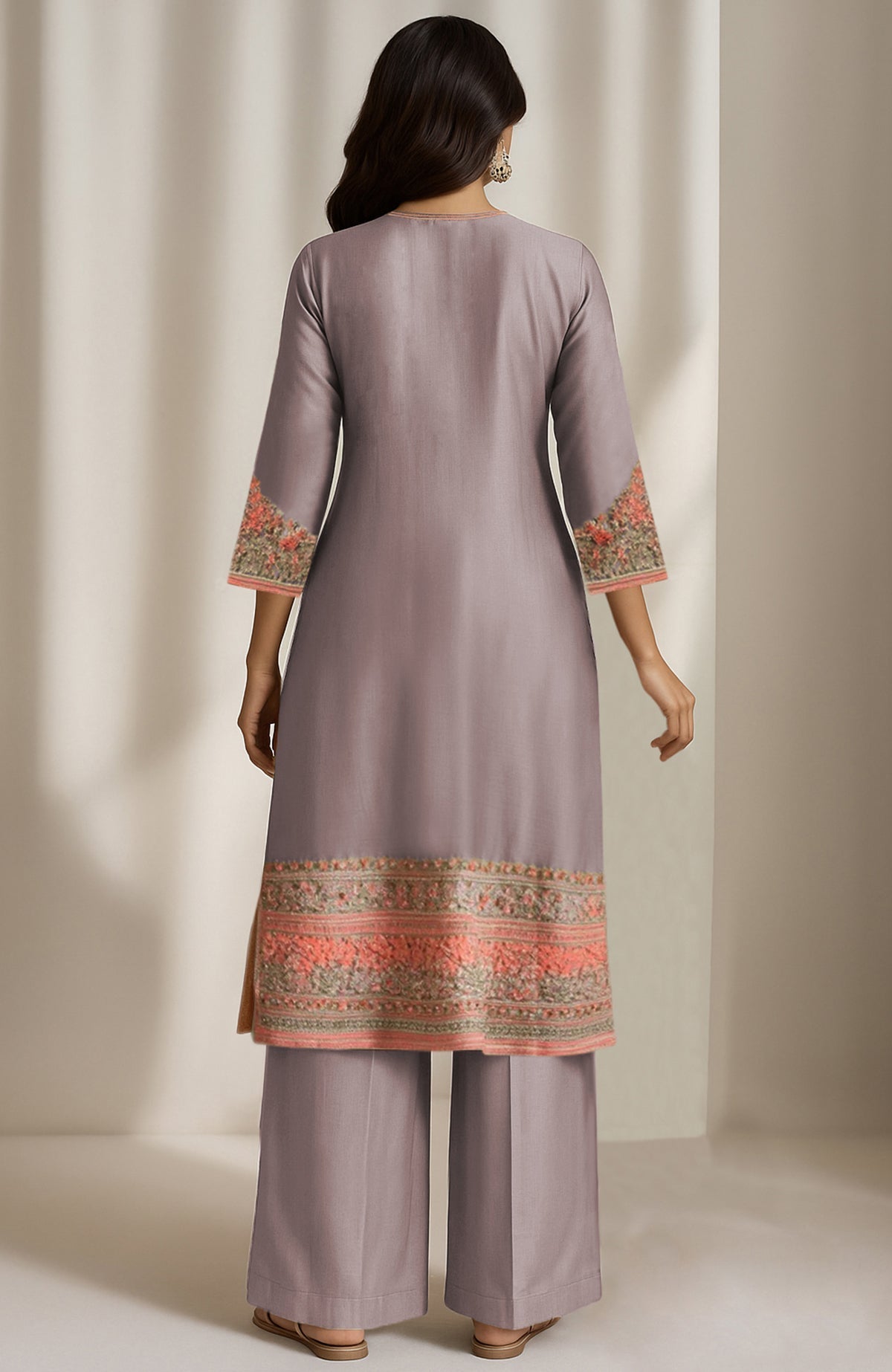 Mauve grey kurta with salmon peach and gold floral embroidery paired with wide-leg trousers and organza dupatta