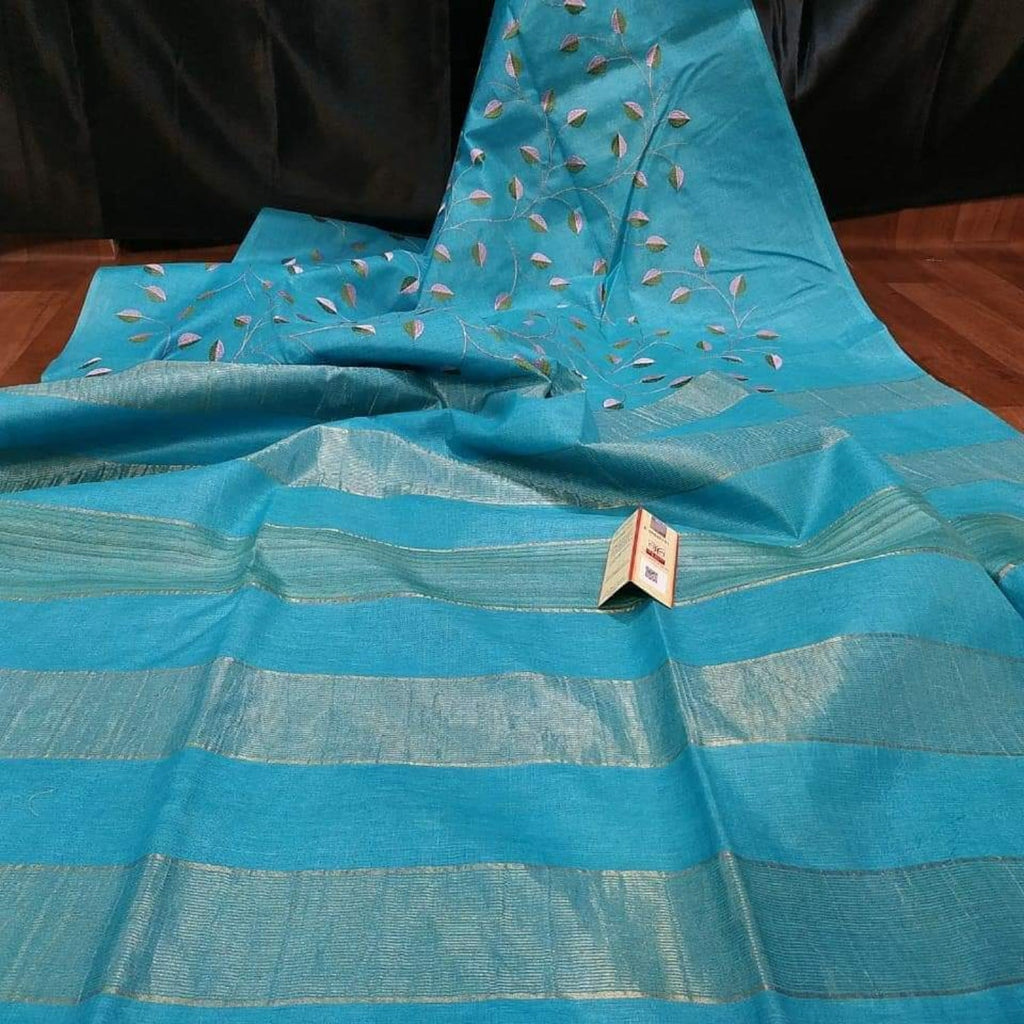 Eri Silk Saree â€“ Blue â€“ Digital Embroidered â€“ Indiehaat  