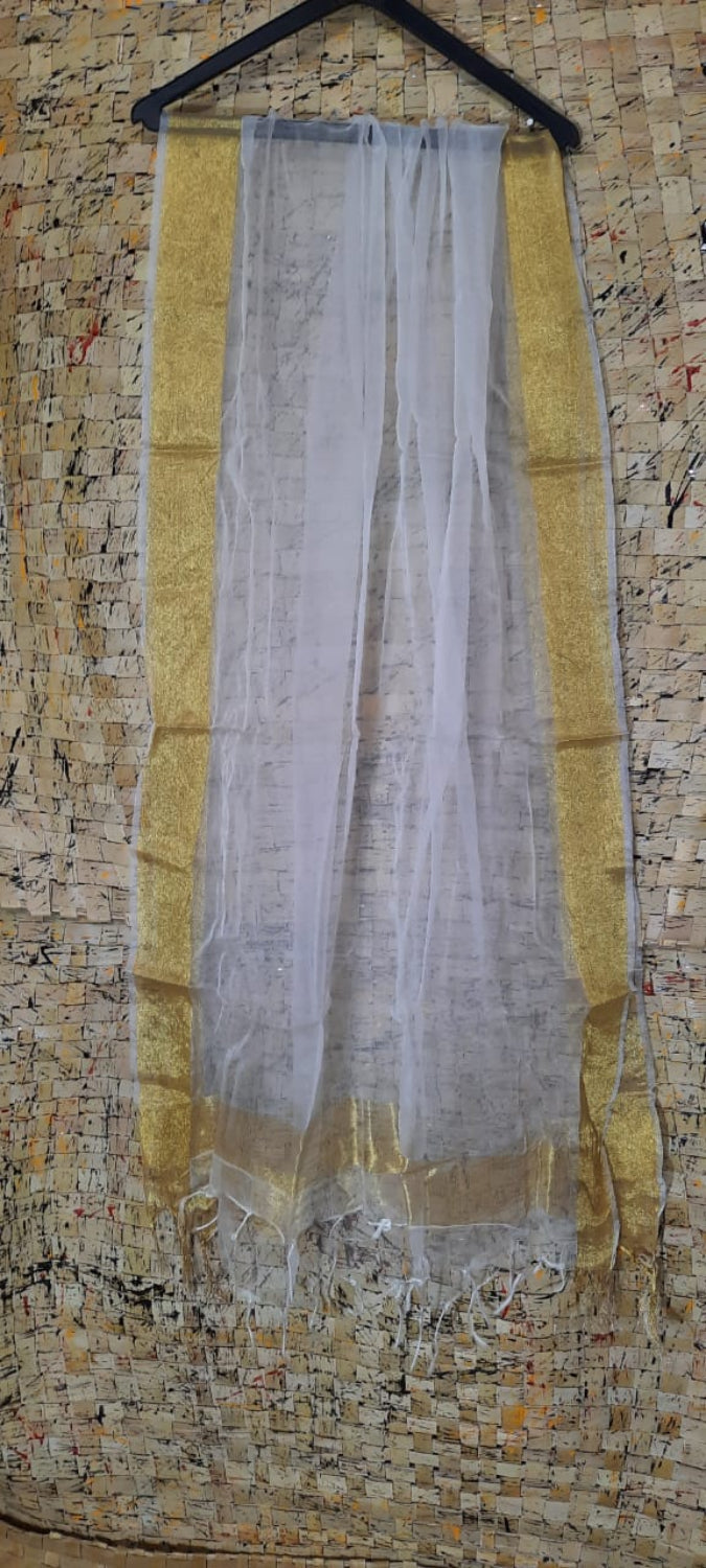 Organza Dupatta – White – Hand Dyed with Border Detail – Indiehaat